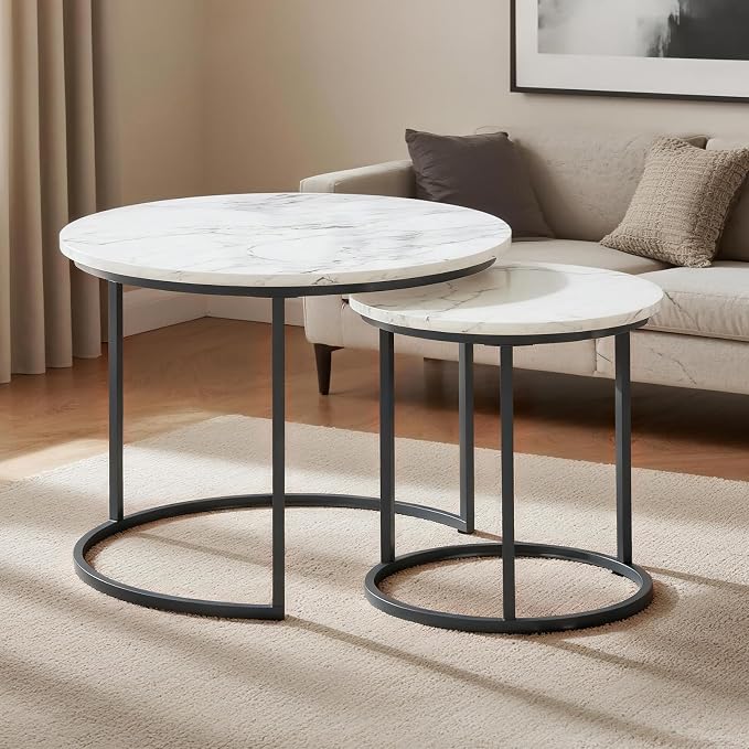 Round Nesting Coffee Table Set of 2, Modern Marble Pattern Wooden Nesting Tables - Image 4