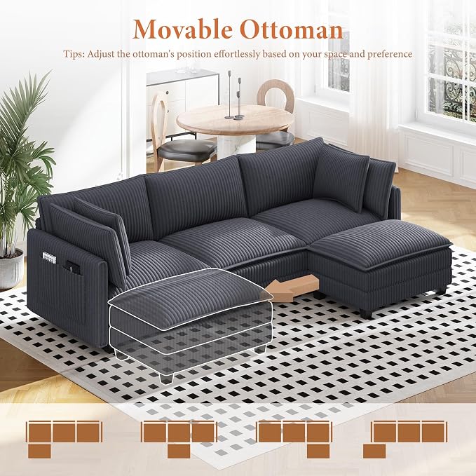 Vesgantti 109" L Shaped Cloud Sectional Couch, Comfy Corduroy Upholstered - Image 7
