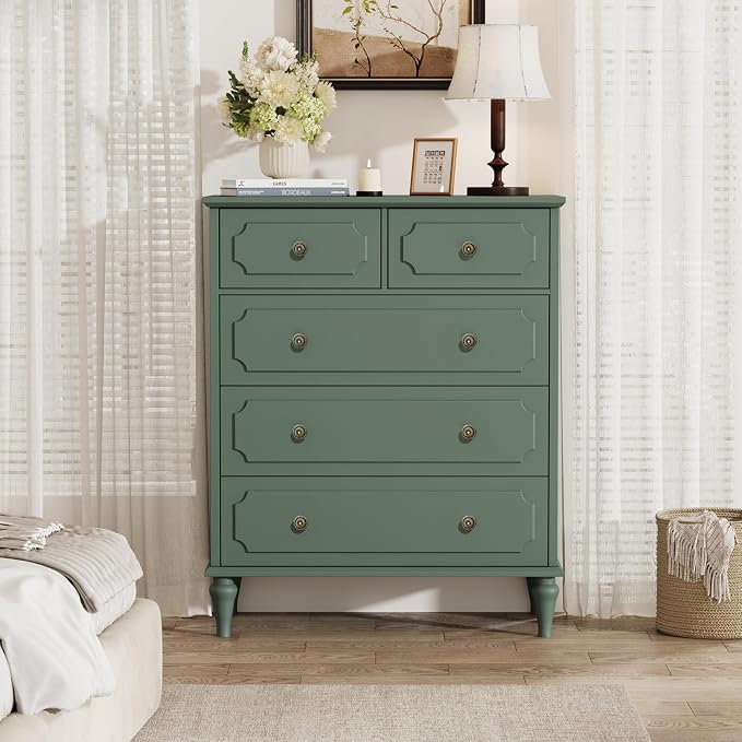 Green Dresser for Bedroom with 5 Drawers, Vintage Tall Dresser with Smooth - Image 6