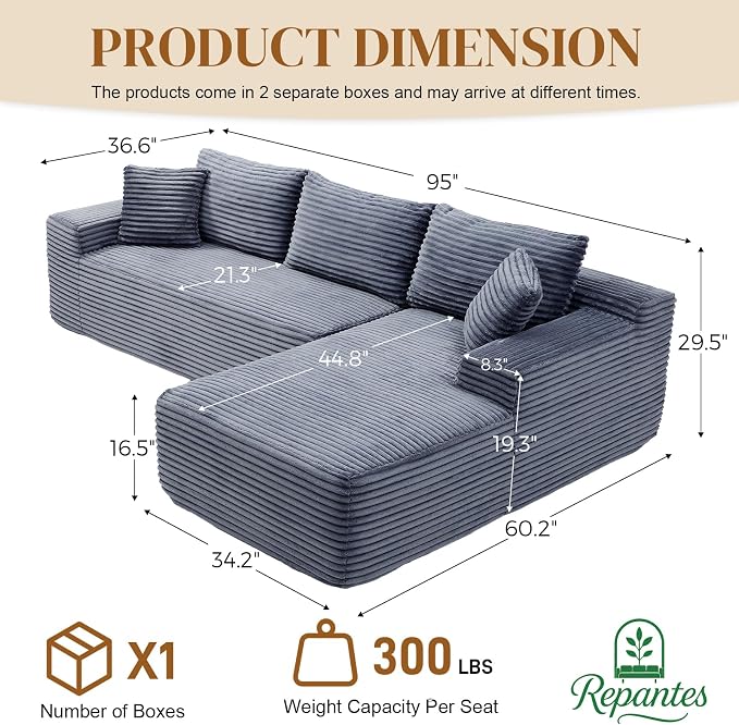 95" L Shaped Boneless Sectional Couches, Wide Armrest, Deep Seat, Memory Foam - Image 3
