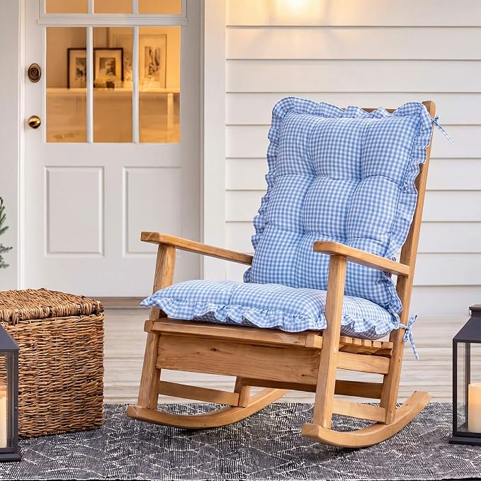Lewtemi 2 Set Blue Gingham Rocking Chair Cushion Village Ruffled Rocking Chair - Image 6