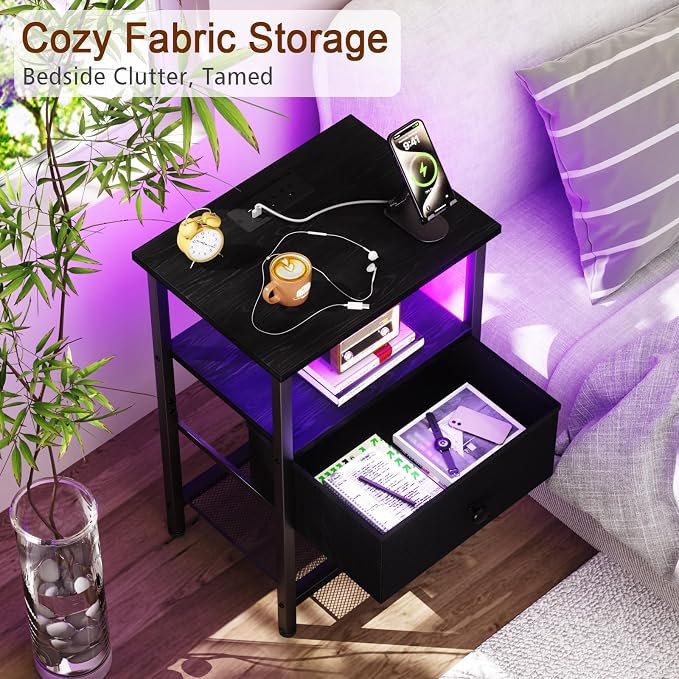 LOAKEKEL LED Night Stand with Charging Station, Small Bedside Table with USB - Image 5