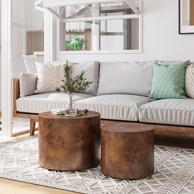 Round Nesting Coffee Table Set of 2, Modern Wooden Circle Burl Accent Tables - Image 3