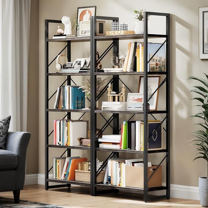 DWVO 5 Tier Bookshelf 2 Pack, Industrial Bookshelves Open Shelf Bookcase by DWVO