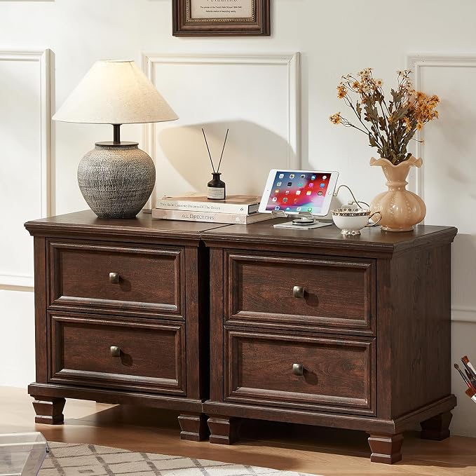 SAVOR LIFE Farmhouse Nightstand Set of 2, Rustic Low Nightstands by SAVORLIFEFurniture