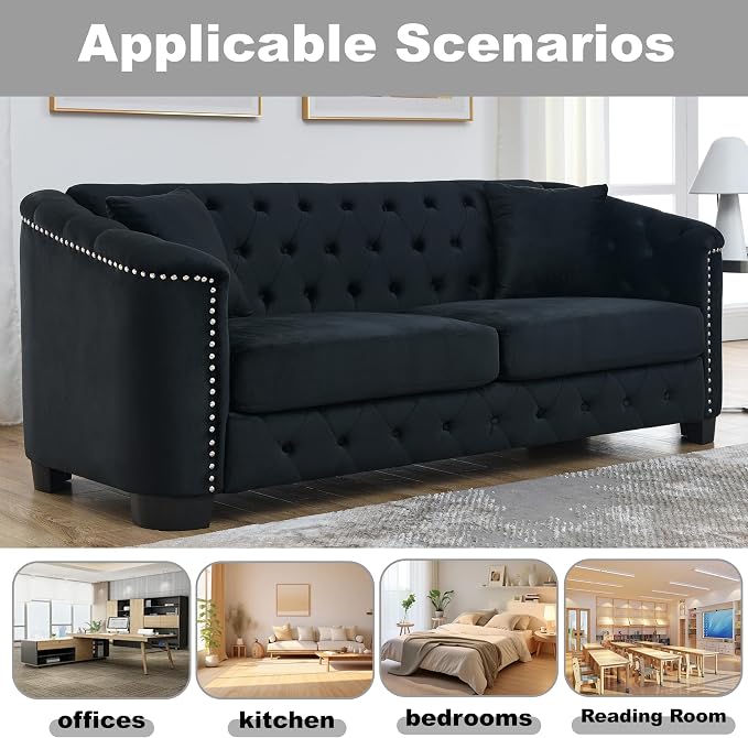 2 Piece Modern Chesterfield Velvet 77" 3-Seater+59" Loveseat Sofa Set, - Image 4