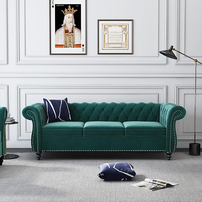 2 Piece Living Room Set, Velvet Chesterfield Sofa Couch Chair - Image 3