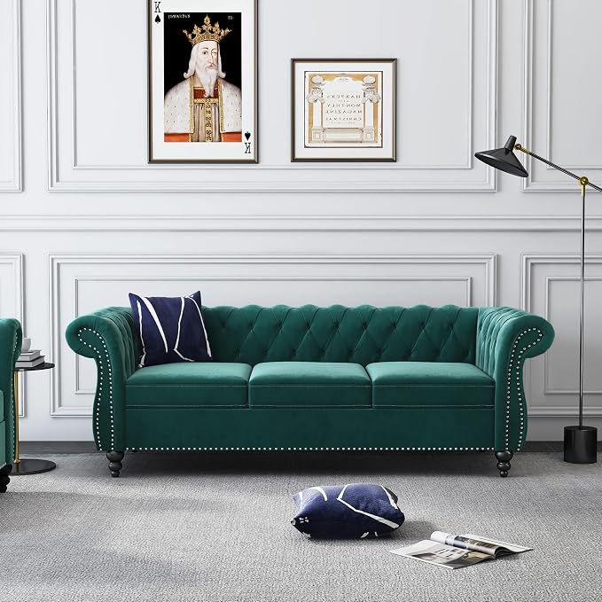 3 Piece Living Room Set, Velvet Chesterfield Sofa Loveseat Couch Chair - Image 4