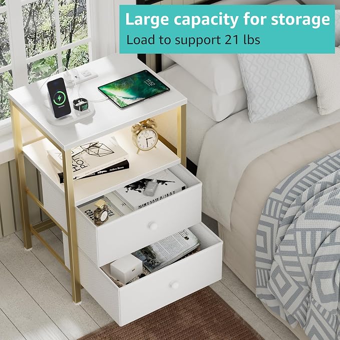 BOLUO Nightstand with Charging Station, LED Night Stand with 2 Fabric Drawers - Image 5