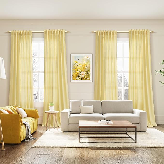 Yellow Linen Semi Sheer Curtains 108 Inches Long 2 Panels Set Back Tab Loop - Image 7
