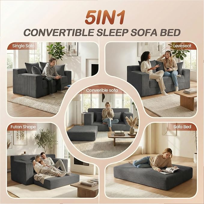 Convertible 5 in 1 Futon Sofa Bed Full Size, Corduroy Boneless Couch Sleeper - Image 2