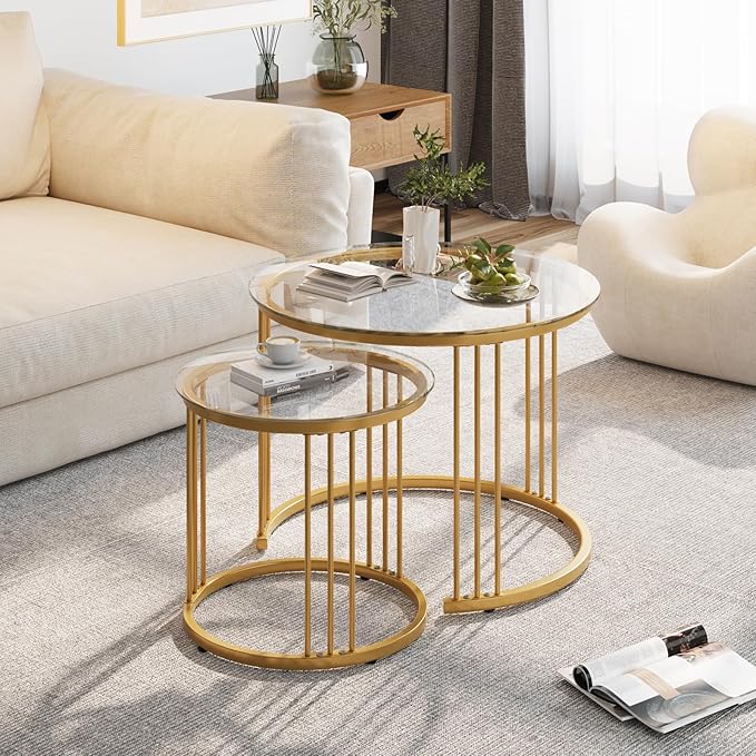Garden 4 you Nesting Coffee Table, 23.6" Round Coffee Table Set of 2, Glass - Image 3