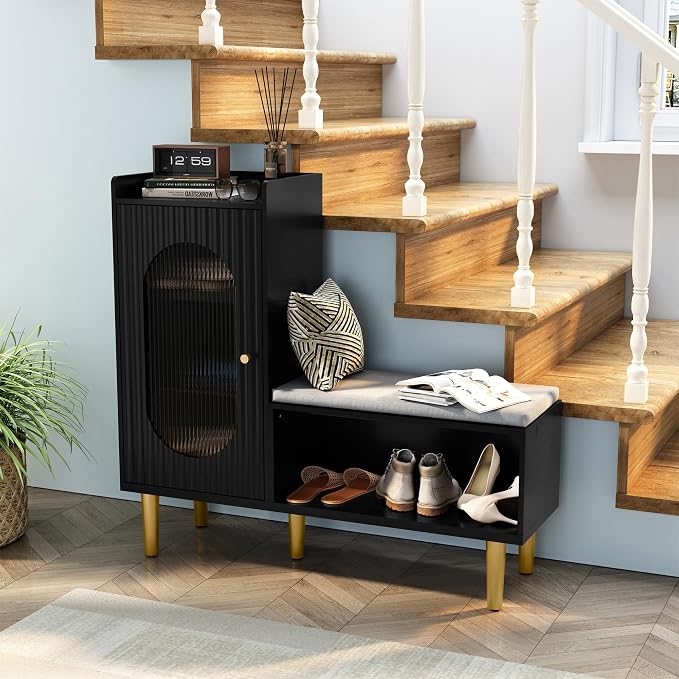 HLR Storage Bench with Glass Door&Shelf, Modern Entryway Shoe Cabinet Bench - Image 6
