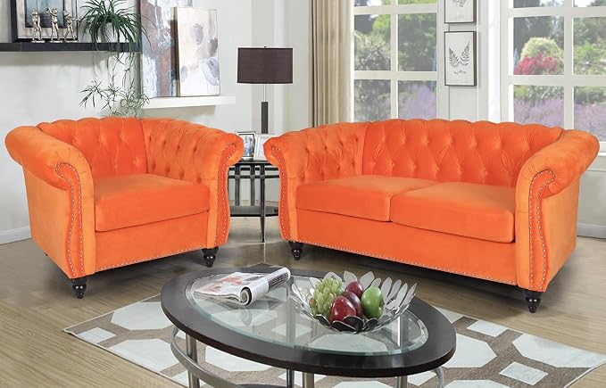RARZOE 3 Pieces Living Room Furniture Sofa Set, Chesterfield Style, Velvet - Image 3