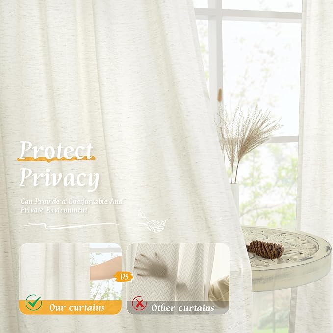 LAMIT Cream Linen Curtains 48 Inch Length 2 Panels, Light Filtering Faux Linen - Image 5