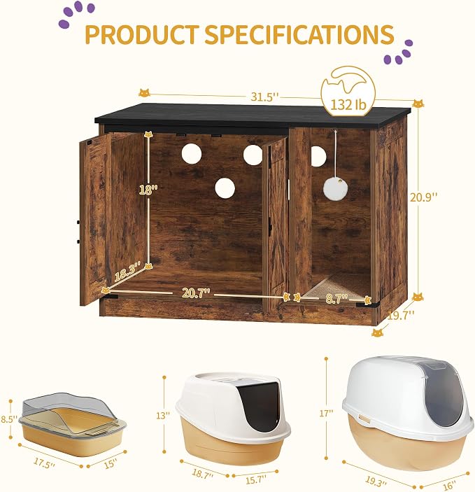 Hzuaneri Cat Litter Box Enclosure, Hidden Litter Box Cabinet Furniture - Image 2