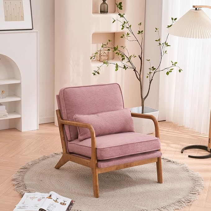 VINGLI Linen Pink Comfy Accent Chair, Mid Century Modern Lounge Armchair by VINGLI