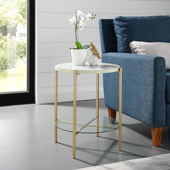 Walker Edison Blaine Mid Century Modern Marble and Glass Round Accent Table - Image 2