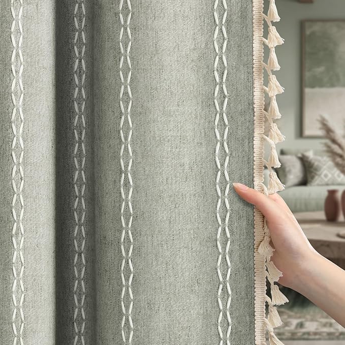 Boho Blackout Curtains 96 Inches Long Sage Green Linen Blend 2 Panels - Image 8