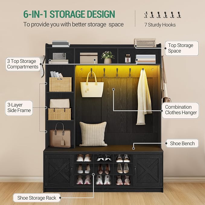 Hzuaneri 59.8" Hall Tree, LED Farmhouse Entryway Storage and Coat Rack Wood - Image 5