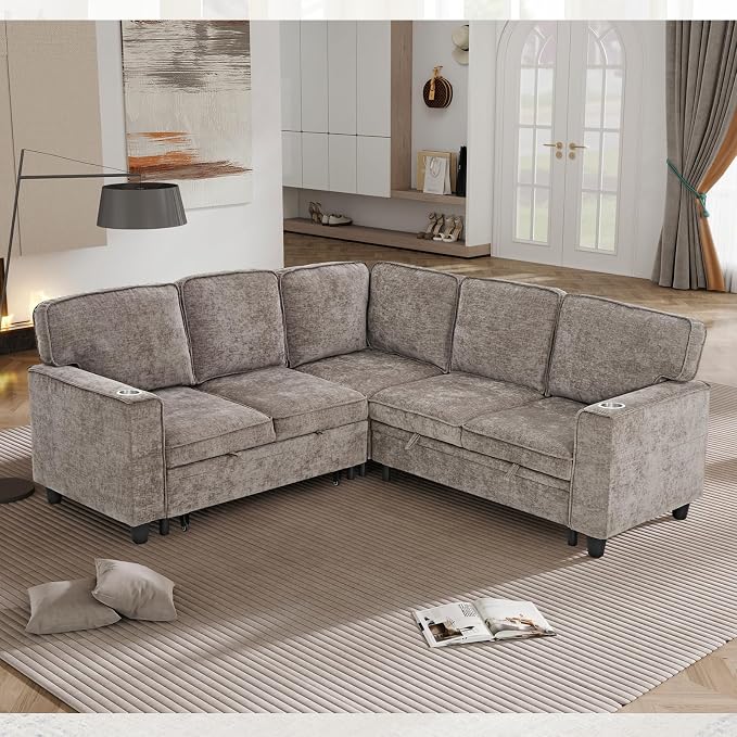 L-Shaped Sectional Couch with Storage and Pull Out Bed, Convertible Sofa Bed - Image 2