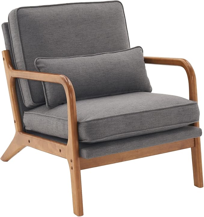 Bonnlo Linen Dark Grey Mid Century Modern Accent Chair, Soild Wood Padding - Image 9