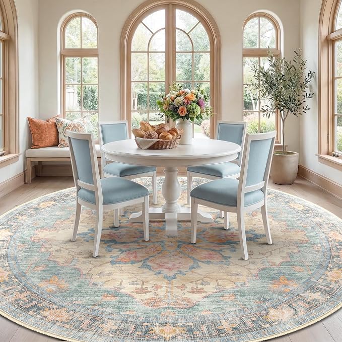 RELEANY Area Rugs Round 8ft Washable Non-Slip, Floral Vintage Distress Print - Image 2