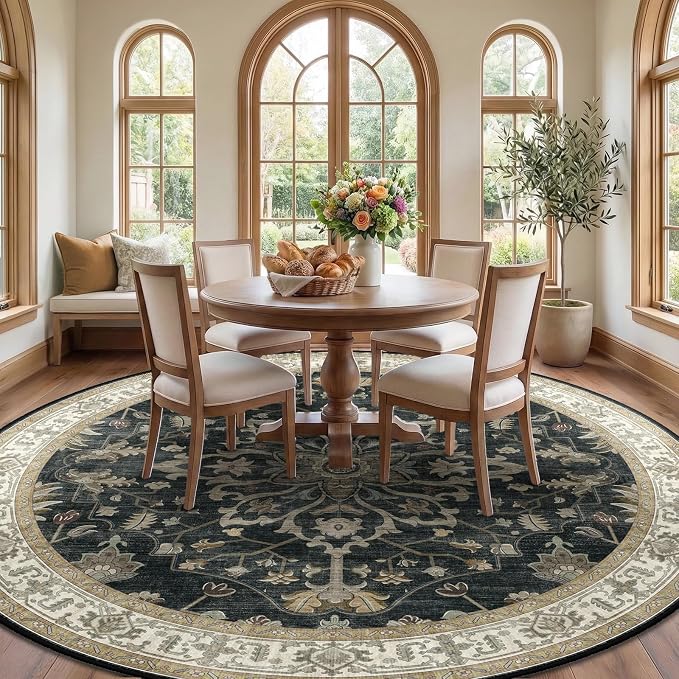 RELEANY Area Rugs Round 10ft Washable Non-Slip, Floral Vintage Distress Print - Image 3