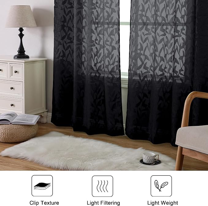 Lecloud Leia Black Sheer Curtains 90 Inches Long 2 Panels, Breathable Jacquard - Image 3