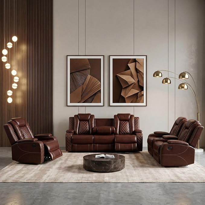 Power Recliner Sofa Set with LED, Leather Reclining Sofa Set, Living Room by PonlivingFurniture