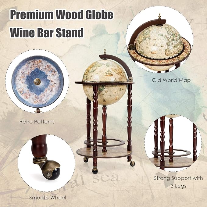MEDIMALL Wood Globe Bar Liquor Cabinet, 16th Century Italian Replica Bar Stand - Image 3