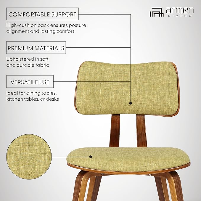 Armen Living Jaguar Mid-Century Dining Chair in Walnut Wood and Green Fabric - Image 4