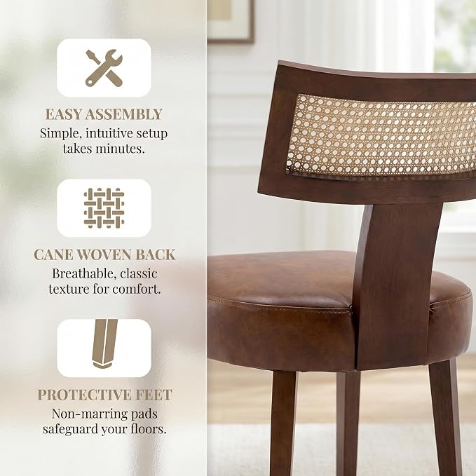 HNY Mid Century Modern Rattan Dining Chairs Set of 6, Farmhouse PU Leather - Image 5