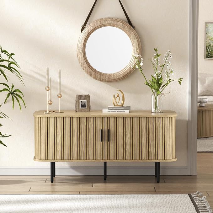 55''W Natural Storage Cabinet, Media Console, Tambour TV Stand, Television - Image 7