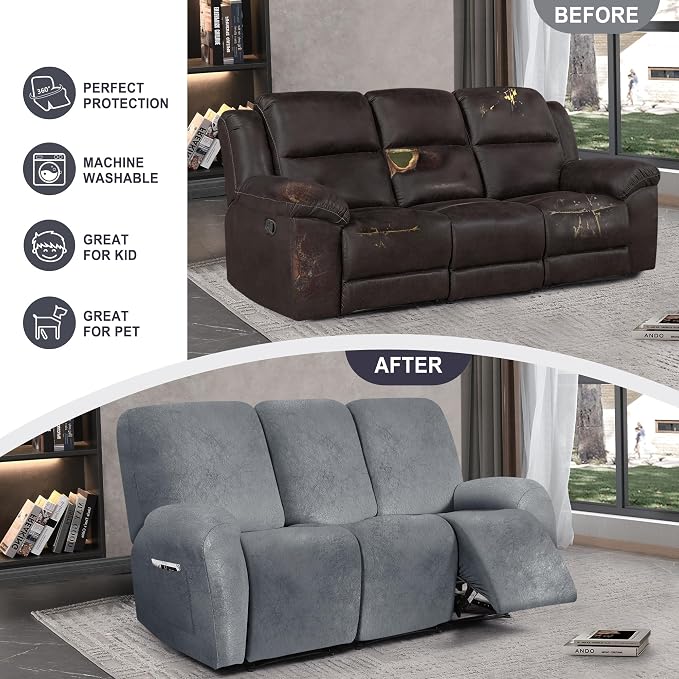 ANARACHON Leather Look Recliner Couch Cover, 8-Pieces Stretch Recliner Sofa - Image 6