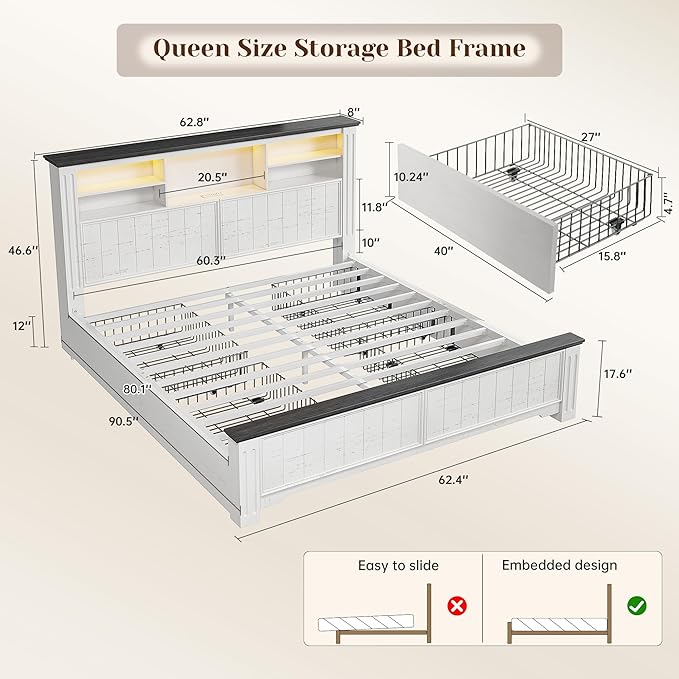 EnHomee Queen Bed Frame with Headboard and Storage, 4 Drawers and LED Built in - Image 2
