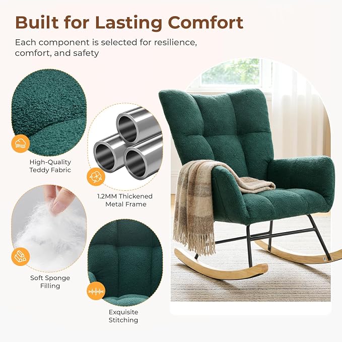 DUMOS Nursery Rocking Chair Teddy Upholstered, Comfy Glider Rocker - Image 5