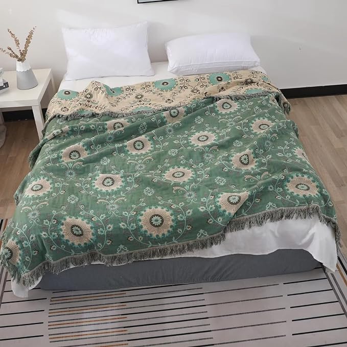 Boho Throw Blanket for Bed 100% Cotton Ultra Soft Rustic Quilt Summer Blanket - Image 2