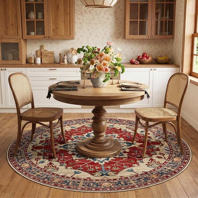 RELEANY Area Rugs Round 6ft Washable Non-Slip, Floral Vintage Distress Print - Image 2