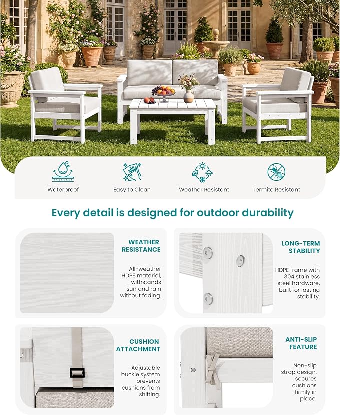 SERWALL 2 Pieces Single Cushioned Lounge Chair, HDPE Outdoor Adirondack Sofa - Image 4