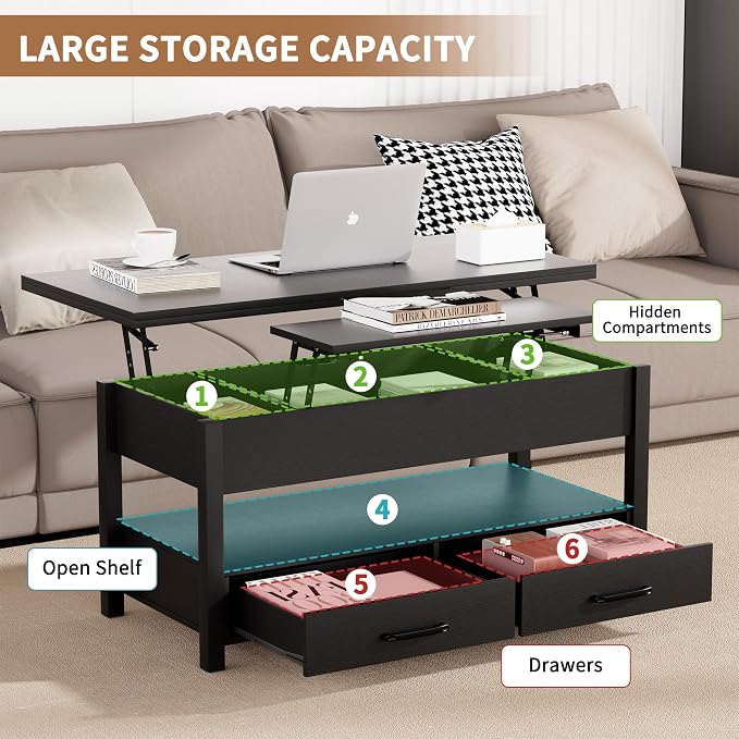 SYESWAY 42'' Lift Top Coffee Table, 4-in-1 Multifunctional Lift Coffee Table - Image 5