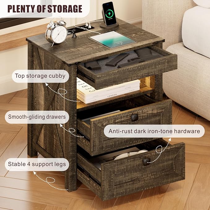 HWB Nightstands Set of 2 with Hidden Drawer, Farmhouse Bedside Table with - Image 6