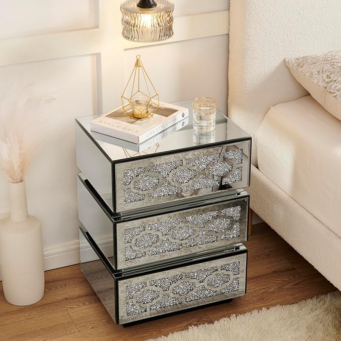 Mirrored Bedside Nightstand, Modern Side Table - Image 3