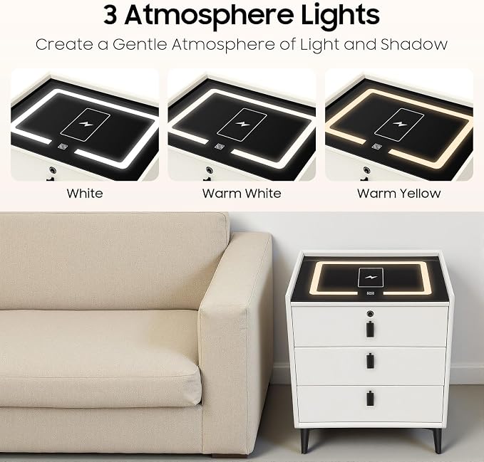 Smart Nightstand with Wireless Charging & Fingerprint Lock, 3-Drawer Bluetooth - Image 9