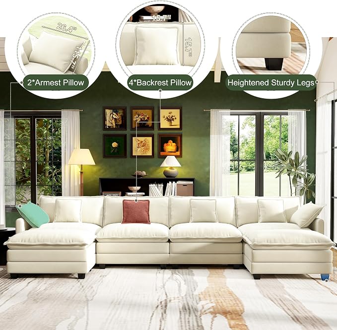 146" Cloud Couch Sectional, U Shaped Modular Sectional Sofa, 4-Seat Deep Seat - Image 3