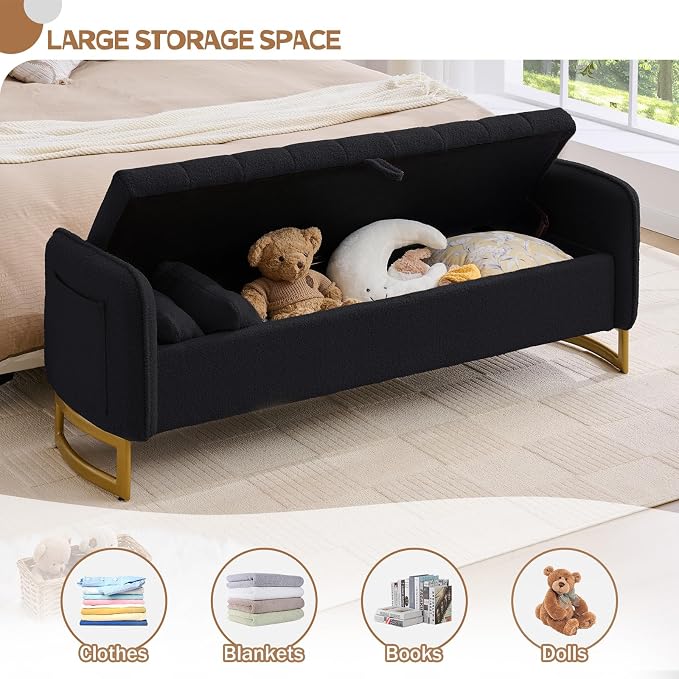 66" End of Bed Bench King Size, Teddy Boucle Storage Bench - Image 3