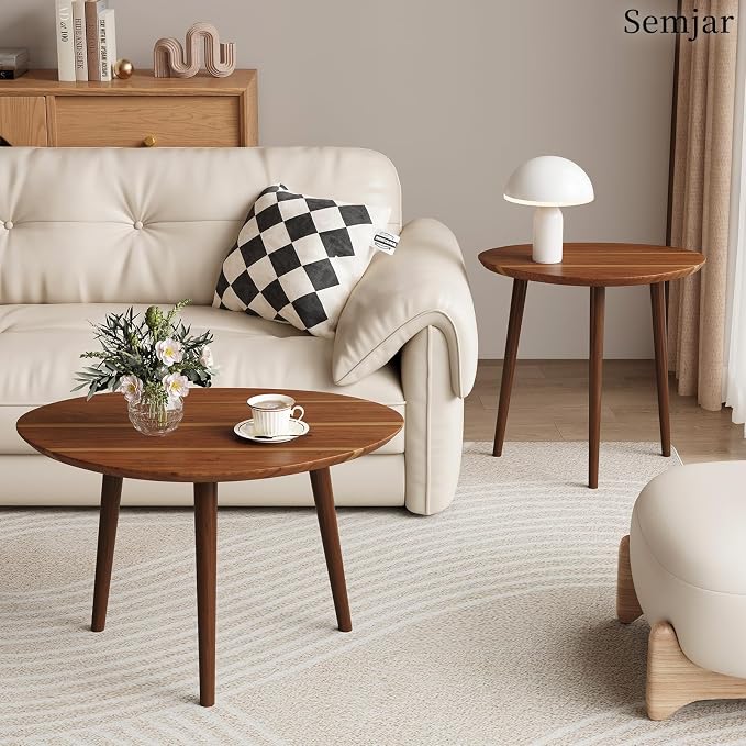 Small Oval Coffee Tables Set, Acacia Wood Nesting Tables（25.6"x17.7"+17.7"x13.4" - Image 5
