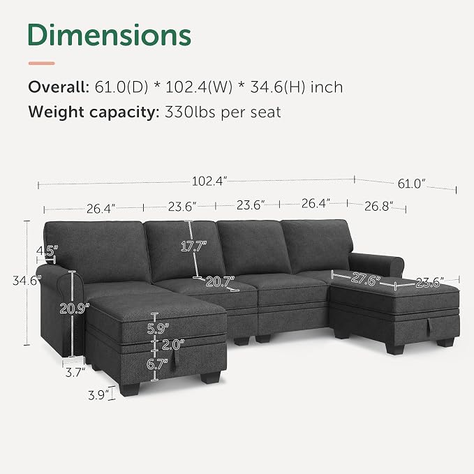 HONBAY Sectional Sofa with Storage Seat U Shaped Couch with Reversible Chaise - Image 2