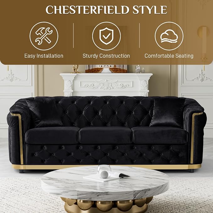 DAMAIFROM Luxury Velvet Couch Set Black and Gold Sofa, Mid Century Modern - Image 6