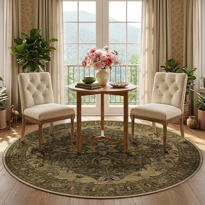 RELEANY Area Rugs Round 5ft Washable Non-Slip, Floral Vintage Distress Print - Image 2